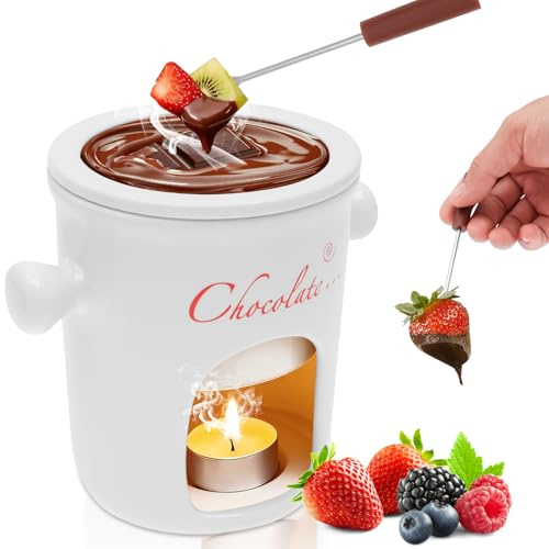 Eyoulife Taza de fondue de chocolate, 280 ml, taza de fondue de chocolate con tenedor, fuente de chocolate, tazas de Navidad para derretir queso chocolate (blanco)