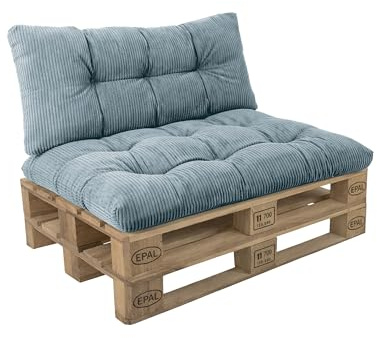 POKAR Set de 2 Cojines para Palets en Pana Suave | Asiento 120x80 + Respaldo 120x40 para Sofá de Jardín | Cojines Acolchados para Palé | Interior y Exterior | Oeko-Tex | Fabricado en UE | Azul