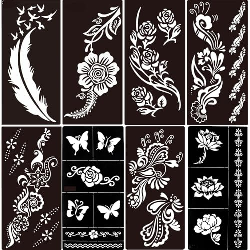 8 Sheets Tattoo Stencil Hollow Drawing Black Mehndi Body Art Template Tool Feather Flower