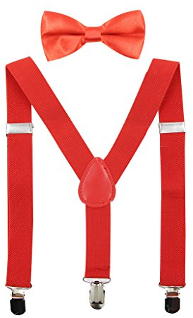 HANERDUN Unisex Hosenträger mit Fliege für Jungen und Mädchen, Befestigung mit drei Kleiderclipse am Hosenbund möglich, Rot, Einheitsgröße