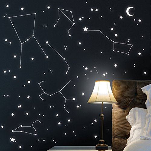 Wandtattoo-Loft® Fluoreszierende Aufkleber für Sternzeichen mit Sternen und Punkten (300 Aukleber im Set) / Fluoreszierende leuchtende Sticker für das Kinderzimmer