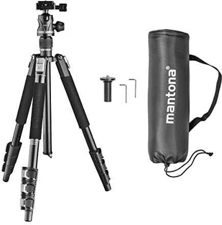 Mantona DSLM Travel Evolution 224 - leichtes Allround Reisestativ mit Vollausstattung, 360° Panorama Kugelkopf Arca-Swiss kompatibel, Aluminium, Fliplock Verschlüsse (Travel Evolution 2241-FA)