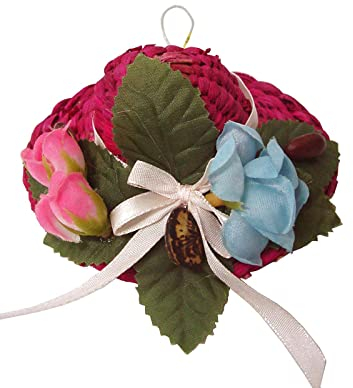 Colgante Sombrero Paja Boda Lazo Flores Rosa Fuxia