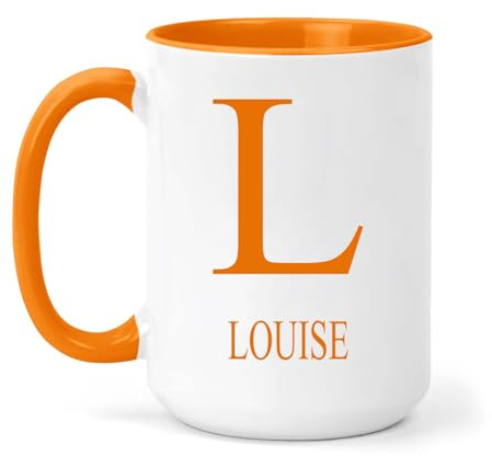 grabmybits Louise Personalized Initial Mug - Custom Name Ceramic Cup for Tea or Coffee Gift - Orange