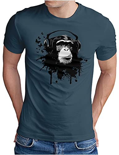 OM3® DJ-Ape T-Shirt - Herren - Deejay Monkey Turntables Headphones Music Chimpanzee - Denim, L