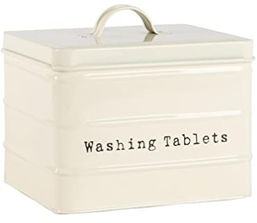 Harbour Housewares Washing Tablet Storage Container - Cream - Steel Vintage Industrial Under Sink Storage Caddy Cupboard Organiser for Laundry Detergent Pods, Dish Washer Tablets