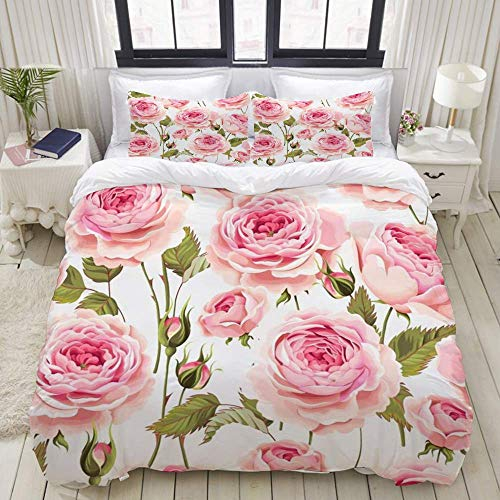 Yaoni Bettbezug, alte rosa Blumengruß Knospe englische Rosen Rosenmuster Natur Vintage antike Garten weiße Blume, Bettwäsche-Set Bequeme leichte Luxus-Mikrofaser-Sets