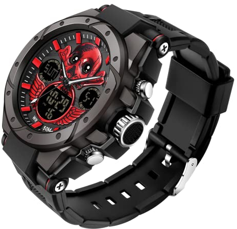 findtime Herren Uhren Digital Militär Sport Outdoor Totenkopf-Motiv Schädel Wasserdicht Timer Chronograph Countdown Tactical Watch Analog Armbanduhr Männer Jungen LED Kalender 12/24H Stoppuhr Wecker