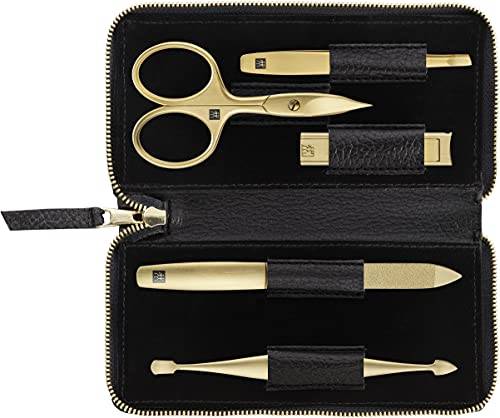 ZWILLING Maniküreset (5 Teilig, Schwarzes Echtleder Etui, Pflege für Hände und Füße, Reiseset, mit Nagelschere und Nagelknipser), Premium, Gold Edition