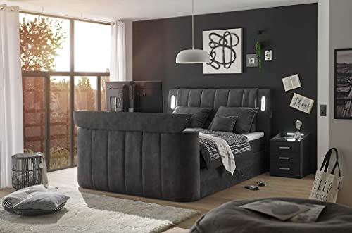 DALLAS 6 Boxspringbett 180x200 mit Bettkasten, Anthrazit - Bequemes Doppelbett mit motorisierter TV-Halterung & LED-Beleuchtung - 186 x 126 x 244 cm (B/H/T)