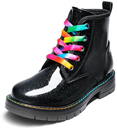 DREAM PAIRS Stivaletti Bambina Glitterati Inverno | Tomaia lucida, lacci in velluto, suola gomma, zip laterale, design versatile per feste.