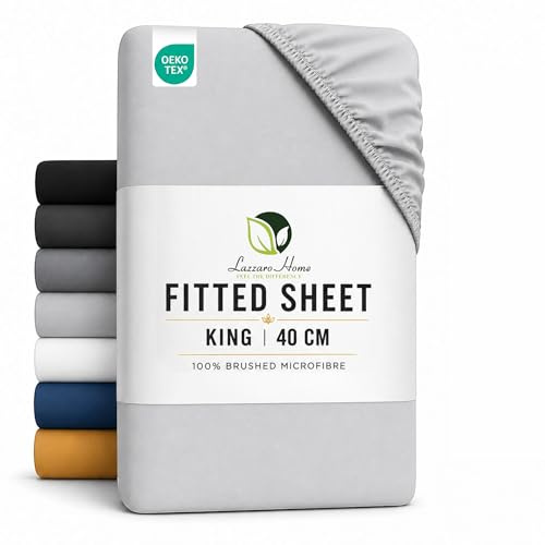 Lazzaro King Size Fitted Sheets Extra Deep Pocket 40 cm (16 inches) Elastic Bed Sheets - Premium Brushed Microfiber Fitted Sheets King Size - Ultrasoft Hypoallergenic Fade Resistant