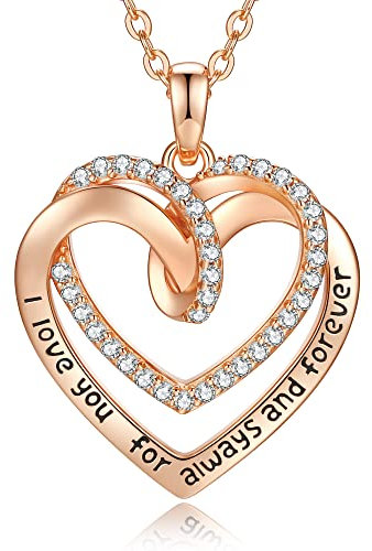 CDE Necklaces for Women 18K Rose Gold Jewelry, 925 Sterling Silver Heart Pendant Necklace, Birthday Anniversary Christmas Gifts for Women Wife Mum Her Girlfriend (Rose Gold-Forever)
