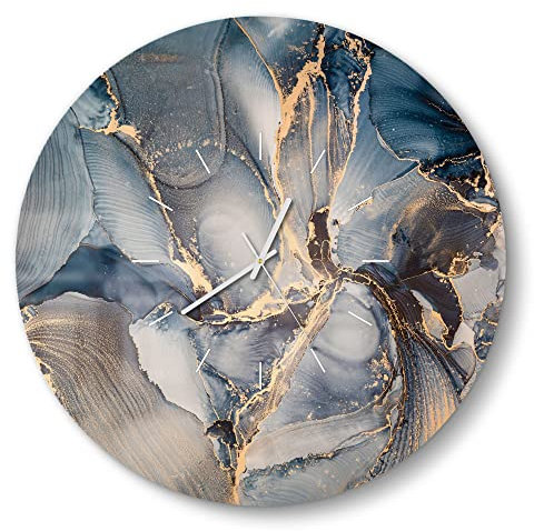 DEQORI Glasuhr | rund Ø 50 cm | Motiv Marmor-Farbspiel mit Gold | große XXL Design Uhr aus Glas | leise Wanduhr für Wohnzimmer & Küche | Moderne Hingucker Uhr für die Wand