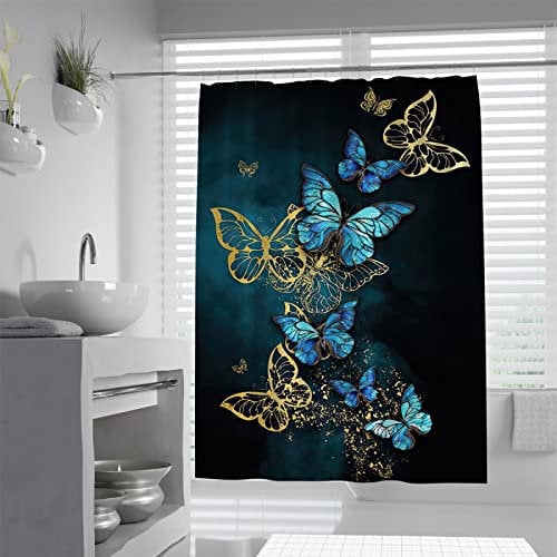 Via Vela Glod Butterfly Washable Tissu Rideau de Douche Set Blue Boy Girl Ensemble de Rideaux de Salle de Bain 3D Print Waterpro de Rideau de Baignoire avec 12 Crochets 200Wx240Lcm