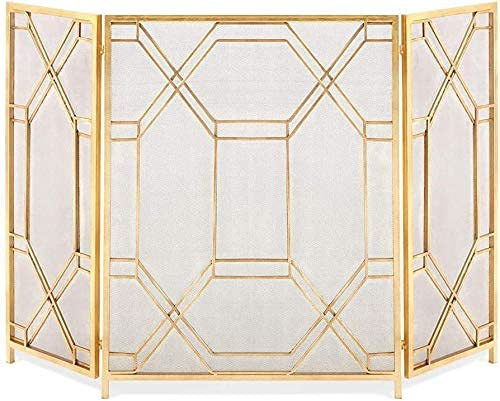 CAZARU Funkenschutz, 3-teiliger Metall-Kaminschutz in Gold für Gasherd, Kamin/Holzofen – extra großer, kindersicherer Feuerschutz, Funkenschutz, 85 cm hoch