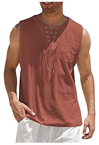 Feibeauty ManschettenknöPfe Herren Sportshirt Herren Weisse Hemden Tank Top Herren Sommer Männer Sport Baumwolle Leinen Kordelzug Henley Einfarbig Tanktop mit Tasche Ärmellose Shirt 20er Jahre