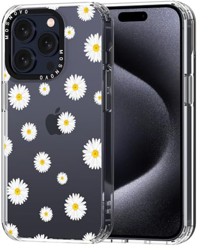 MOSNOVO Case for iPhone 15 Pro, [Buffertech 6.6ft Military-Grade Drop Protection] [Anti Peel Off Tech] Clear TPU Bumper Phone Case Cover Design - White Daisy