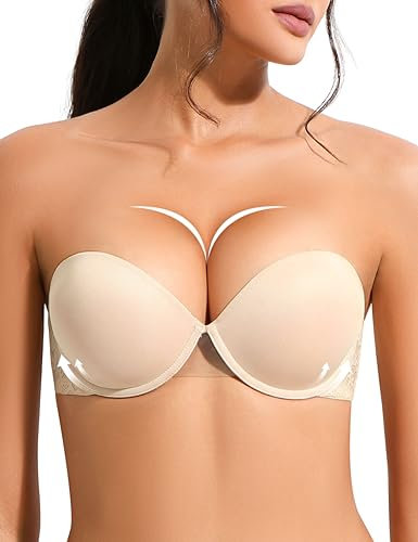 Amafuur Push Up Strapless Bra Super Padded with Clear Straps Convertible Add 2 Cup Support Underwire Lace Demi Bras, Nude, 34A