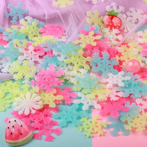 100 Stück entfernbare bunte Schneeflocken-Wanddekoration, fluoreszierend, nachtleuchtend, Kunststoff, leuchtende Schneeflocken, Wandaufkleber, Weihnachtsaufkleber für Wand, Decke, Kinder, Mädchen,