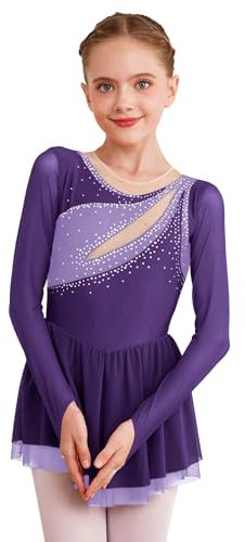 inhzoy Abito da Pattinaggio Artistico Bambina Manica Lunga Vestito da Balletto Ginnastica Artistica Body da Danza Classica Ballerina Strass Leotards Vestito da Ballo Lirico Viola 7-8 Anni