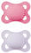 MAM Original Succhietto 2-6 Mesi (Set da 2), Ciuccio MAM 2-6 mesi con tettarella ortodontica in caucciù, Kit da 2 accessori neonato con pratico porta ciuccio sterilizzatore, Rosa/Lilla