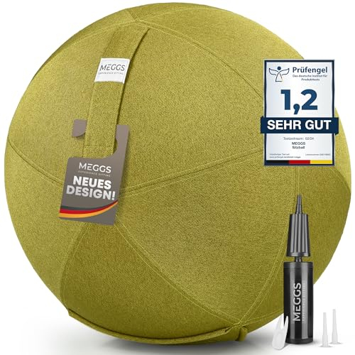 MEGGS® Stoff-Sitzball 65cm, Ergonomisch Sitzen im Büro & Zuhause, [Wegrollschutz & Platz-Sicher], Pezziball, Yoga-Ball, Gymnastikball für Schwangerschaft, Waschbarer Stoffbezug, Farbe: Grün
