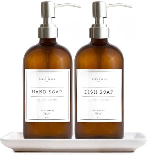 Vine Creations Bernsteinglas Seifenspender, 2 Pack Küche Seifenspender Set mit Keramikschale, Edelstahlpumpe, Spülseifenspender für Küche, Handseifenspender mit wasserdichten Etiketten