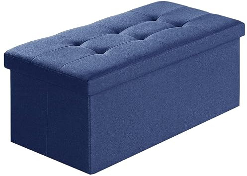 A406 Folding Ottoman Storage Box with Lids Pouffe Storage Unit Bench Foot Rest Stool Linen Fabric Bench with Resilient Sponge for Bedroom, Living Room & Entryway, Navy (Navy-Linen.76cm)