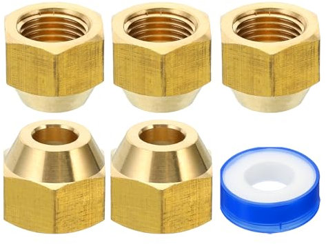 PATIKIL Tuerca de Latón de 5/16 Sae, 5 Unidades, Accesorio de Tubo de Cobre de 45 Grados con Cinta para Línea de Aire Acondicionado, Agua y Gas, Brillante