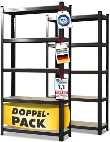 KARAT Schwerlastregal, 2er Set, 60 x 120 x 200 cm Steckregal, Kellerregal, Lagerregal - 5 verstellbare Böden (Schwarz)