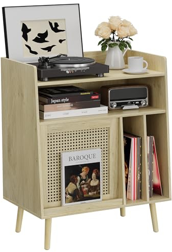 Semiocthome Plattenspielerständer mit Vinylaufbewahrung, Plattenspielertisch mit Aufbewahrungsregal, Plattenspielerständer mit Rattan-Schranktür, Beistelltisch mit Massivholzbeinen für Plattenspieler