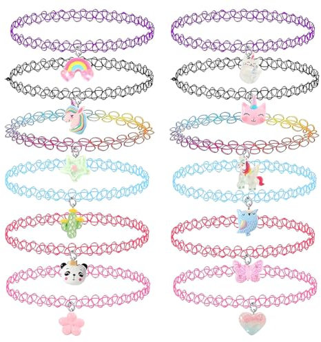 12 Pièces Tour de cou Collier pour Enfants Adolescents Filles Femmes, Collier Elastique Pendentif Dessin Animé Coloré