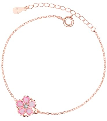 Belons Damen Armband Kirschblüte 925 Sterling Silber Zirkonia Drehbar Sakura Charm Armband Mädchen Armkette Armkettchen Kinder Fußkettchen