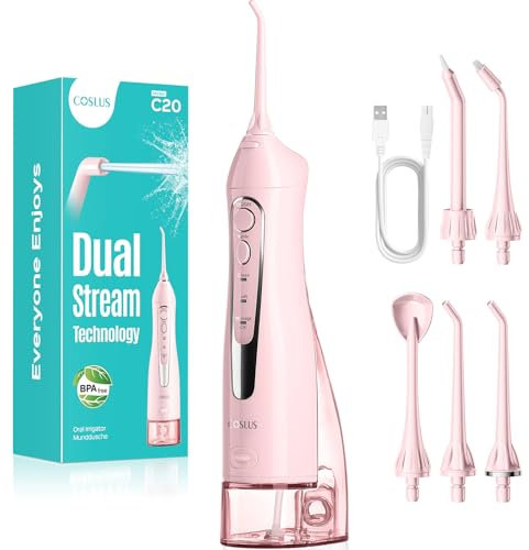 COSLUS Water Dental Flosser Teeth Pick: 2025 Upgraded Portable Cordless Waterproof Flossing 300ML Rechargeable Travel Irrigation Cleaner IPX7 Pink