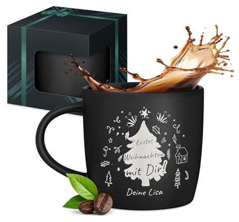 Maverton Keramik Kaffeetasse 400ml mit Gravur - personalisierter Kaffeebecher aus Matt Keramik mit Henkel - Trinkbecher für Männer zum Geburtstag zu Weihnachten - matt schwarz - Innen schwarz - Baum