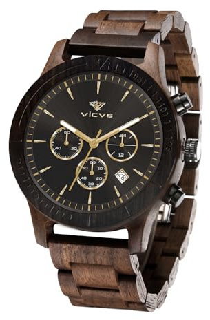 VICVS Herren-Holzuhr, natürliches rotes Sandelholz/schwarze Walnuss, japanischer Quarz, Multifunktions-Chronograph, Walnuss-Schwarz, Armband