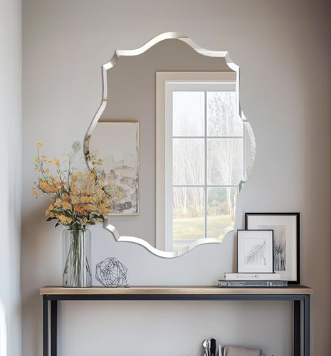 Artloge Miroir Mural Asymétrique Design sans Cadre, Miroir Organique Salon en Verre Biseauté Grand Miroirs Muraux Irrégulier pour Salle de Bain Entrée Chambre Argenté Decoration Maison - 50 * 70cm