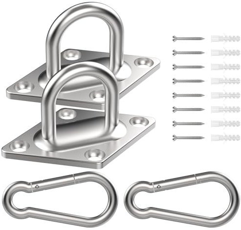 Aifeier ET 2 Sets 304 Stainless Steel Diamond Pad Eye Plate Hooks + Snap Hooks, M5 Ceiling Wall Heavy Duty Hammock Hanging Kit for Suspension, Ceiling Hooks, Marine Application Hook (with Screws)