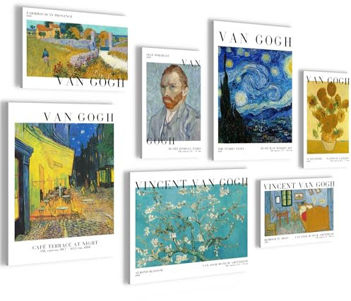 Novart Wandbilder Van Gogh Collage - KOMPLETT AUFHÄNGFERTIG - Bunt Wohnzimmer Schlafzimmer Flur - 7 Moderne Mood-Bilder - N034171a