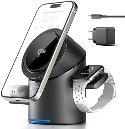 LINGHUANG iPhone Ladestation 3 in 1,Qi2 Zertifizierter 15W, Ladestation Apple Watch und iPhone für iPhone 16 15 14 13 12 und Apple Watch,AirPods (Inklusive 30W USB-C Ladegerät)