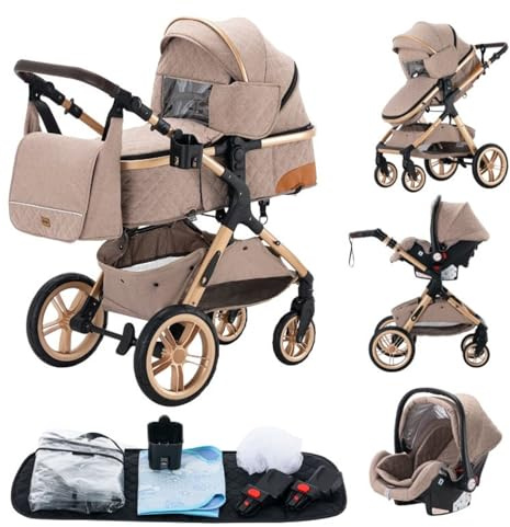 GLOKID Kinderwagen 3 in 1,Reisesysteme, Babywanne,Buggy&Sportsitz,Tragbarer,Voll-Gummireifen,Mit Einem Klick Zusammenklappbarer,Zubehör (GPX1 Khaki)