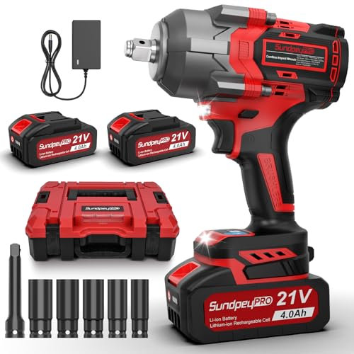 SundpeyPRO 1000 N.m Akku Schlagschrauber, 21V Bürstenloser Schlagschrauber für Reifenwechsel & Gerüstbau, inkl. 2x4.0Ah Li-Ion Akkus, 5 Stecknüssen & Verlängerungsstange