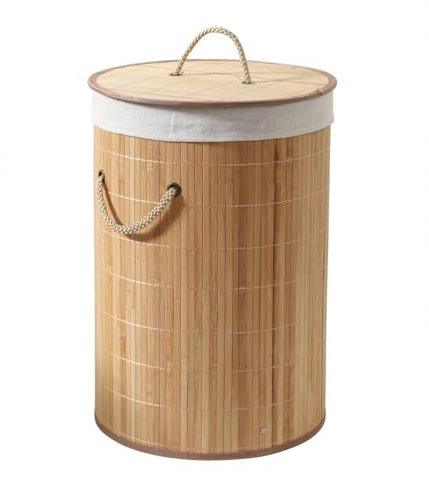 CALICOSY - Panier À Linge Rond - Bambou - Matière Naturelle Robuste - Sac Intérieur Amovible, Couvercle Et Poignées En Corde - Salle De Bain, Buanderie, Chambre - 60L - L 40 x l 40 x H 50 cm