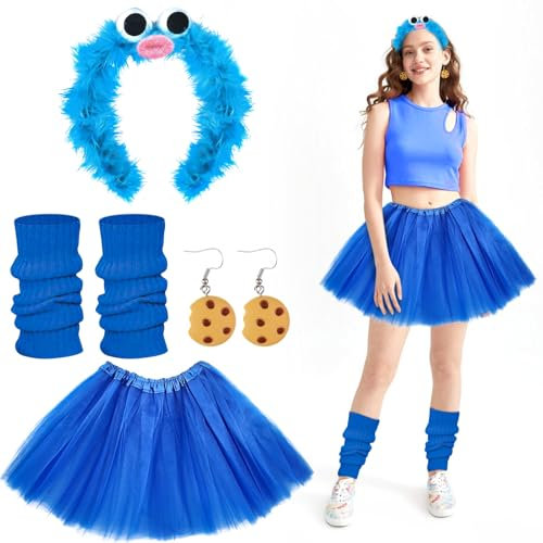 Krümelmonster Kostüm Damen,Krümelmonster Haarreif+Keks Ohrringe Krümelmonster+Tüllrock Blau+Stulpen Damen Blau,Krümelmonster Kostüm Accessories,Halloween Kostüm, Fasching Kostüm, Karneval Kostüm