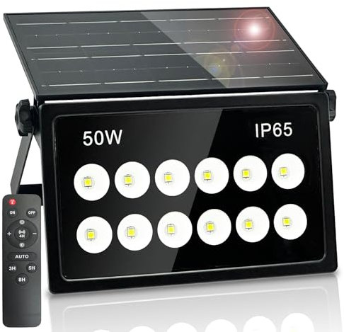 BOSITE 50W Projecteur Solaire Exterieur, 3000mAh Lumière Solaire Extérieure Avec Télécommande, 6500K Lampe Solaire Exterieur, IP65 Étanches Spot Solaire Exterieur pour Porche Patio Jardin Garage Allée