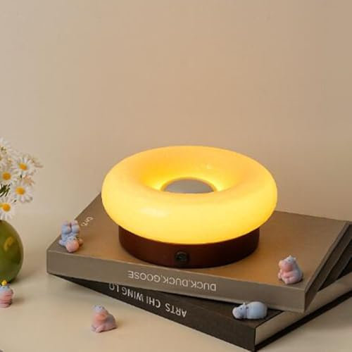 LOGT LED Donut Lampe Orange Glas Holz Tischlampe Akku USB Aufladbar Nachttischlampe mit Touch Schalter Rund Donut Tischleuchten Dimmbar Moderne Dekoration Kinderzimmer Licht für Wohnzimmer,Beige
