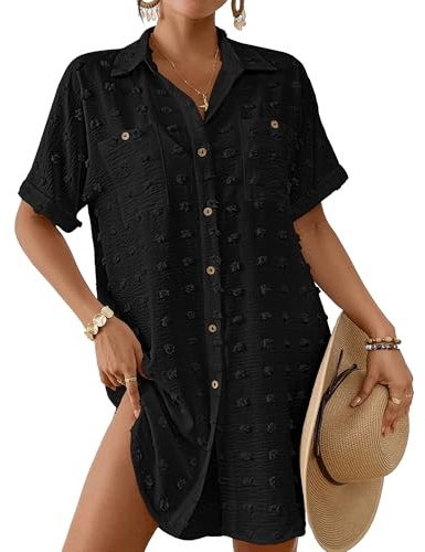 Bsubseach Cache-maillot de bain à pois suisses pour femme - Chemise de plage boutonnée