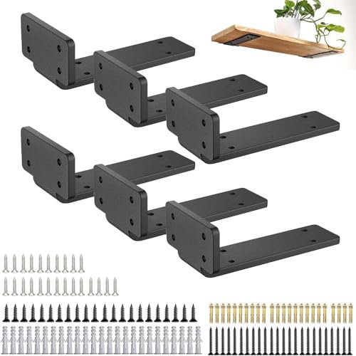 Staffe a T per scaffali da 6 (set di 6) - Supporto invisibile per scaffali galleggianti montati a parete - Staffa a L per pannelli in legno con viti e tasselli, set di staffe in metallo nero