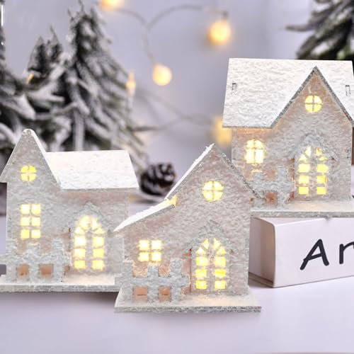 3 Stück Weihnachtsdorf mit Beleuchtung, Weihnachtsdeko Haus, Mini Weihnachten Wichtelhaus mit Licht, LED Deko Häuser Holz, Weihnachtshaus Beleuchtet Weihnachtsdeko Innen Holzhaus Lichthaus Winterdeko